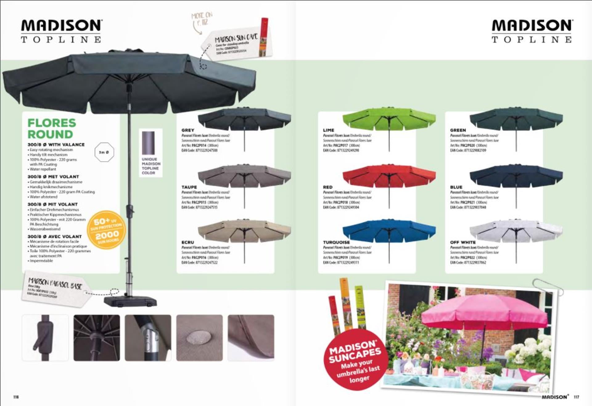 Madison parasol flores 300cm draai volant grijs