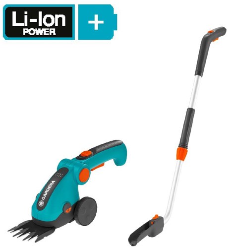 Gardena accugrasschaar comfortcut li set (turquoise zwart, incl. li-ion-accu 3,0ah, wielen en een telescopische steel)
