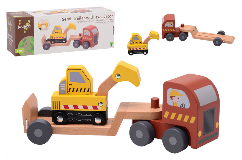 Joueco houten oplegger met graafmachine