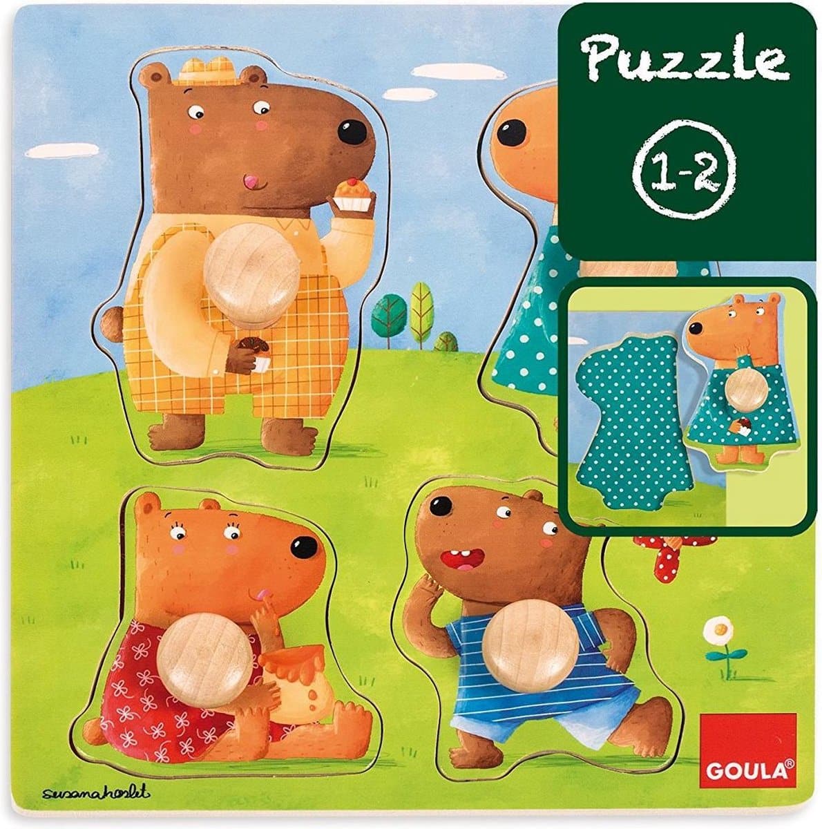 Goula puzzel - houten knopjespuzzel met 4 beren - 4 stukjes