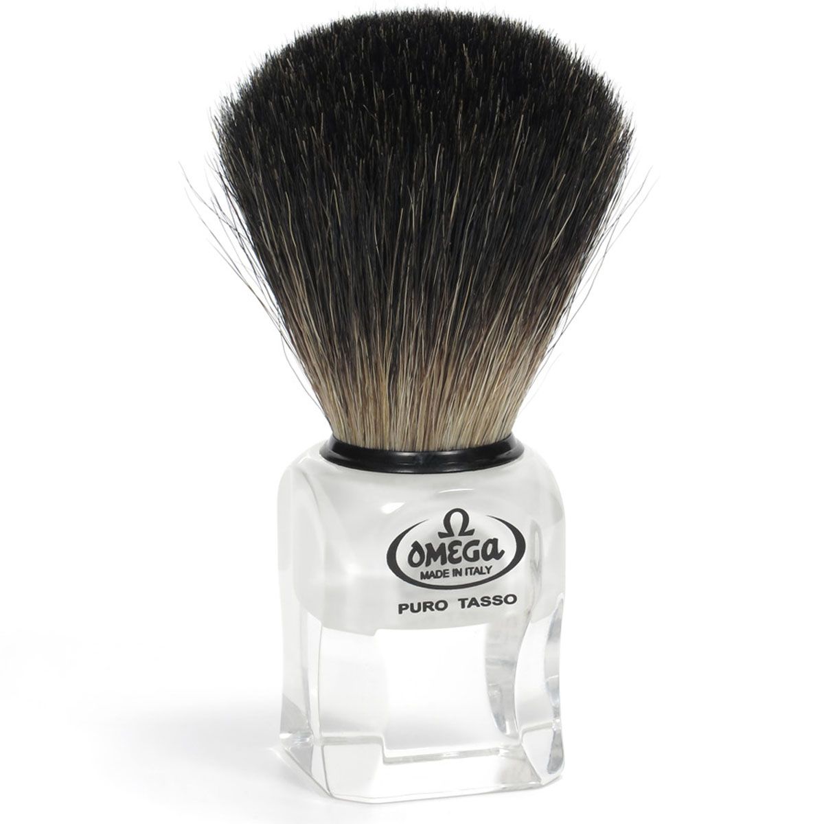 Omega scheerkwast 100% black badger transparant + standaard 9,5cm