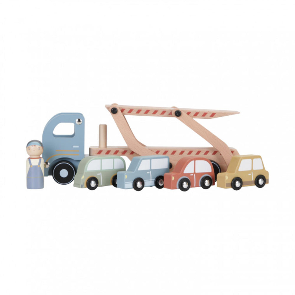 Little dutch tiamo houten auto transporter met 4 auto's en chauffeur