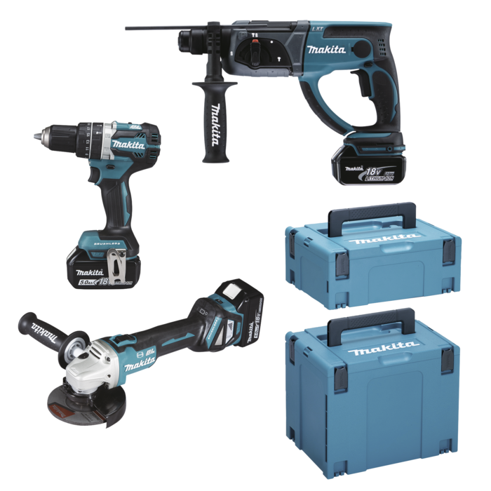 Makita dlx3093tj 18v lxt 3 delige set: dga513 haakse slijper + dhp484 (klop)boormachine + dhr202 boorhamer met 3 x 5.0ah accu's - dlx3093tj