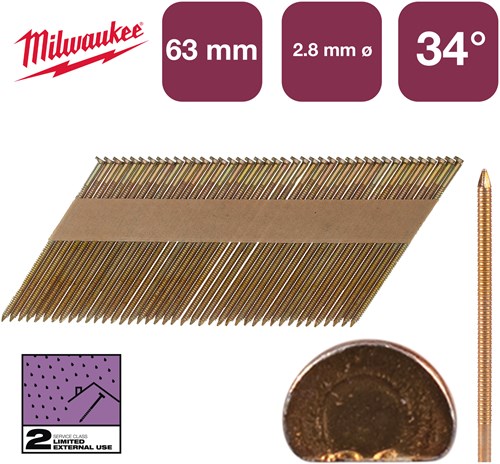 Milwaukee accessoires nagels d-kop 34° 63x2,8mm rs g sc2 | 2.200 stuks - 4932492607