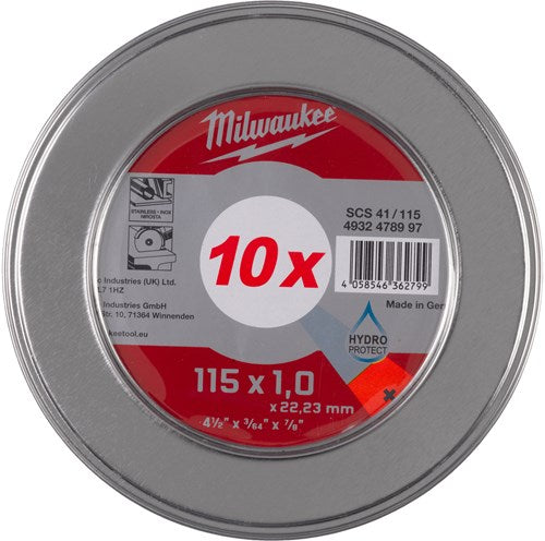 Milwaukee accessoires milwaukee cut.w pro+ scs 41 115 x 1.0 mm metalbox - 10 pcs doorslijpschijf metaal pro+ scs41 115 x 1 mm dun 10 stuks in metal box - 4932478997