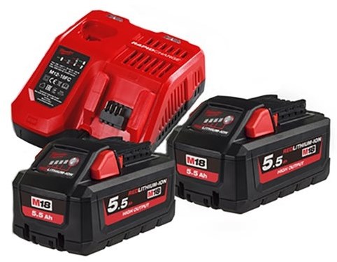Milwaukee m18 hnrg-552 | high output accu starterset 18v (2x 5.5ah accu + m12-18 fc snellader) - 4933464713