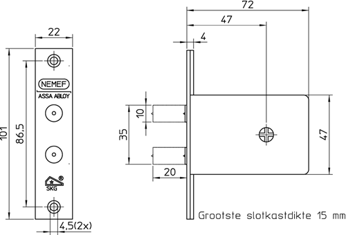 Nemef 1008 veiligheidsbijzetslot | skg* | dm47mm | 22x101mm rechthoekig | set van 3 stuks | gelijksluitend | dr 1+2+3+4 - 9100800453