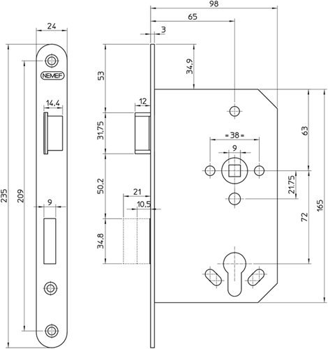 Nemef 1769 23 rs deurslot | dm65mm | pc72mm | voorplaat staal verzinkt 24x235mm afgerond | staal verzinkte dag- en nachtschoot | 2 toers | dr 1+3 - 9176923651