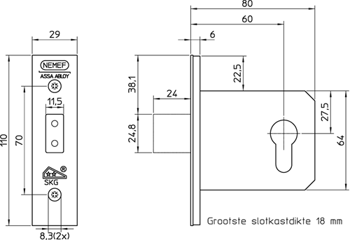 Nemef 4328 veiligheidsbijzetslot | skg** | dm60mm | voorplaat rvs siervoorplaat 29x110mm rechthoekig | dr 1+2+3+4 - 9432817600