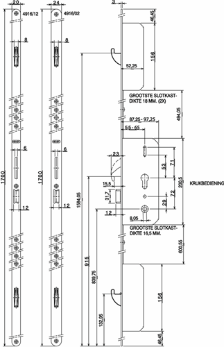 Nemef 4916 veiligheidsmeerpuntssluiting | krukbediend | skg*** | dm55mm | pc72mm cilinder boven kruk | voorplaat staal verzinkt 20x1950mm afgerond| dr 1+3 2+4 - a000307700