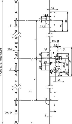 Nemef 5060 veiligheidsmeerpuntssluiting | krukbediend | skg*** | dm65mm | pc72mm | voorplaat staal verzinkt 20x1950mm afgerond| dr 1+3 2+4 - a000326387