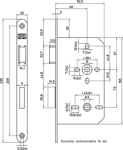 Nemef 644 toilet badkamerdeurslot | dm60mm | wc72mm | krukgat 8mm | voorplaat staal gelakt 20x235mm afgerond | messing dag- en nachtschoot | dr 2+4 - 9064404672