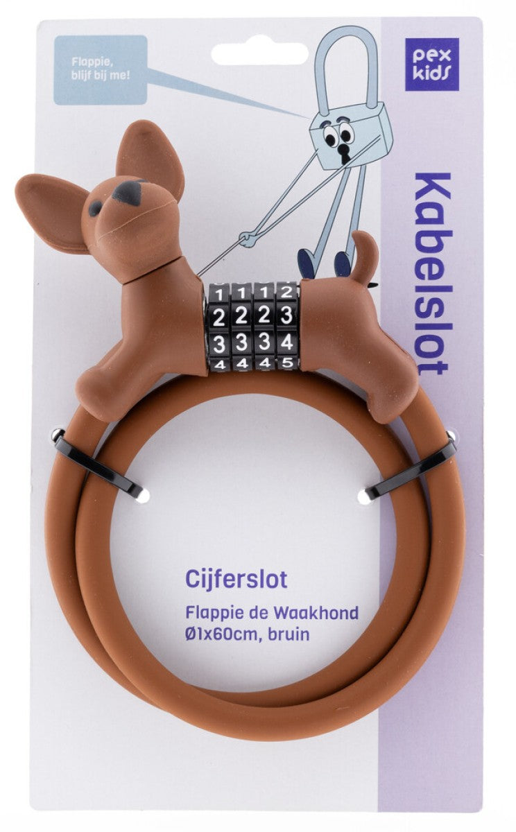 Pexkids cijfer kabelslot bruin flappie de waakhond silicone