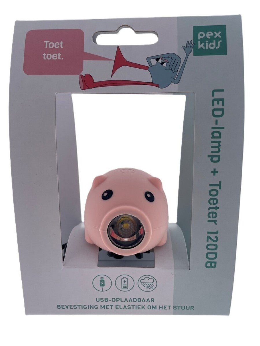 Pexkids fietstoeter varken met led lamp usb roze