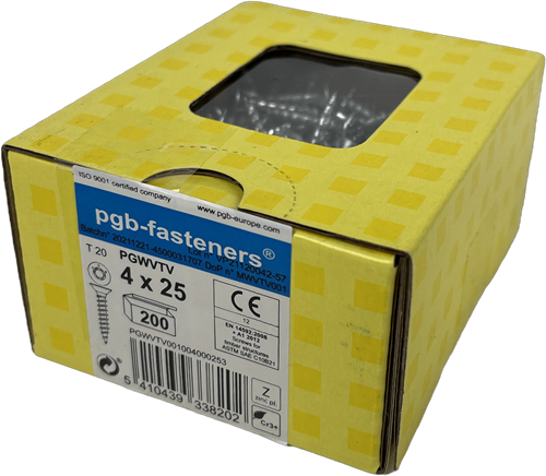 Pgb-europe pgb-fasteners universele spaanplaatschroef vk-t voldraad verzonken kop ø4,0x25 zn tx20 | 200 st | pgwvtv001004000253