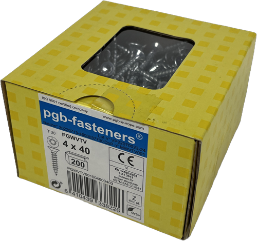 Pgb-europe pgb-fasteners universele spaanplaatschroef vk-t voldraad verzonken kop ø4,0x40 zn tx20 | 200 st | pgwvtv001004000403