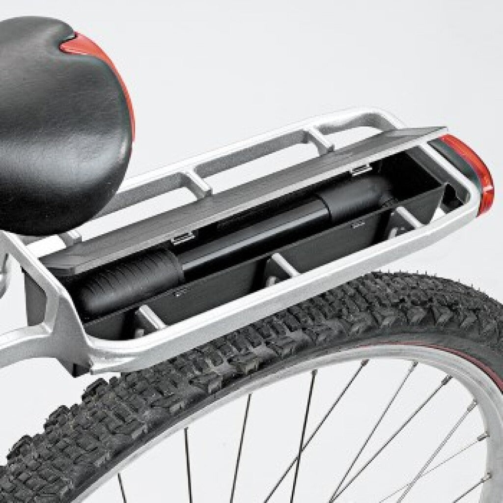 Pletscher zadelpendrager orion met opbergbox qr alu zilver