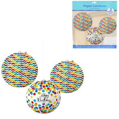 Amscan lampionnen happy birthday 24 cm set van 3 | 12 stuks