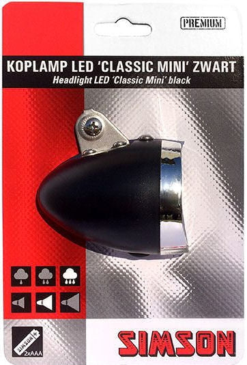 Simson voorvorkkoplamp Classic Mini zwart incl. lamphouder knuppel. op kaart