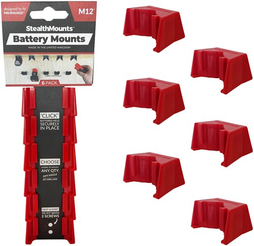 Stealthmounts batterijhouders voor milwaukee m12 | rood | 6 stuks - bm-mw12-red-6
