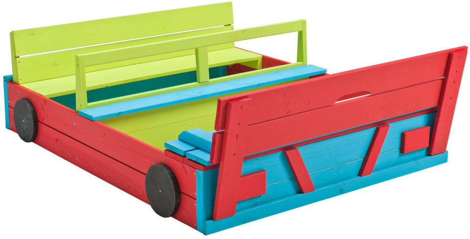 Auto Houten Zandbak met Deksel en Bankjes Blauw Rood