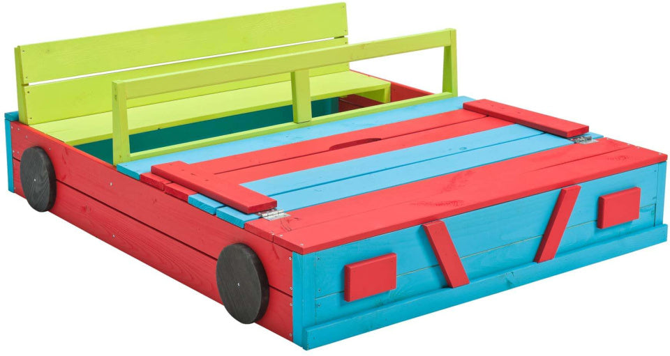 Auto Houten Zandbak met Deksel en Bankjes Blauw Rood
