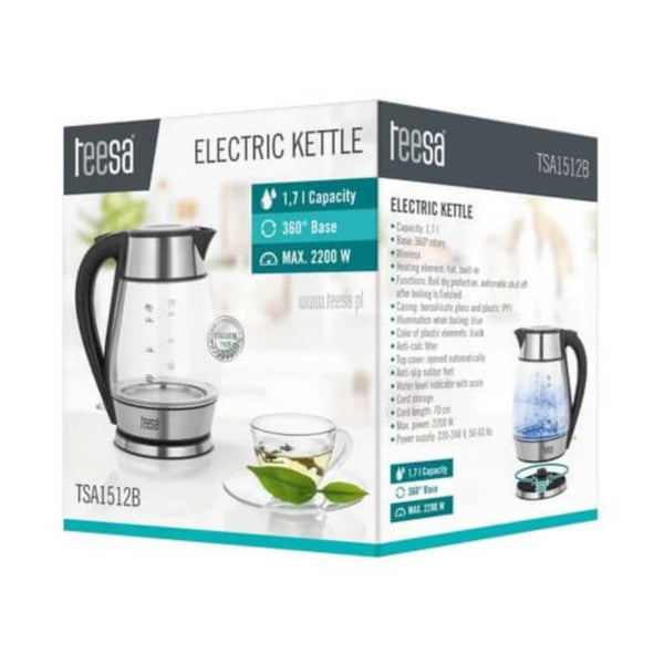 Teesa waterkoker glas rvs 1,7l zwart