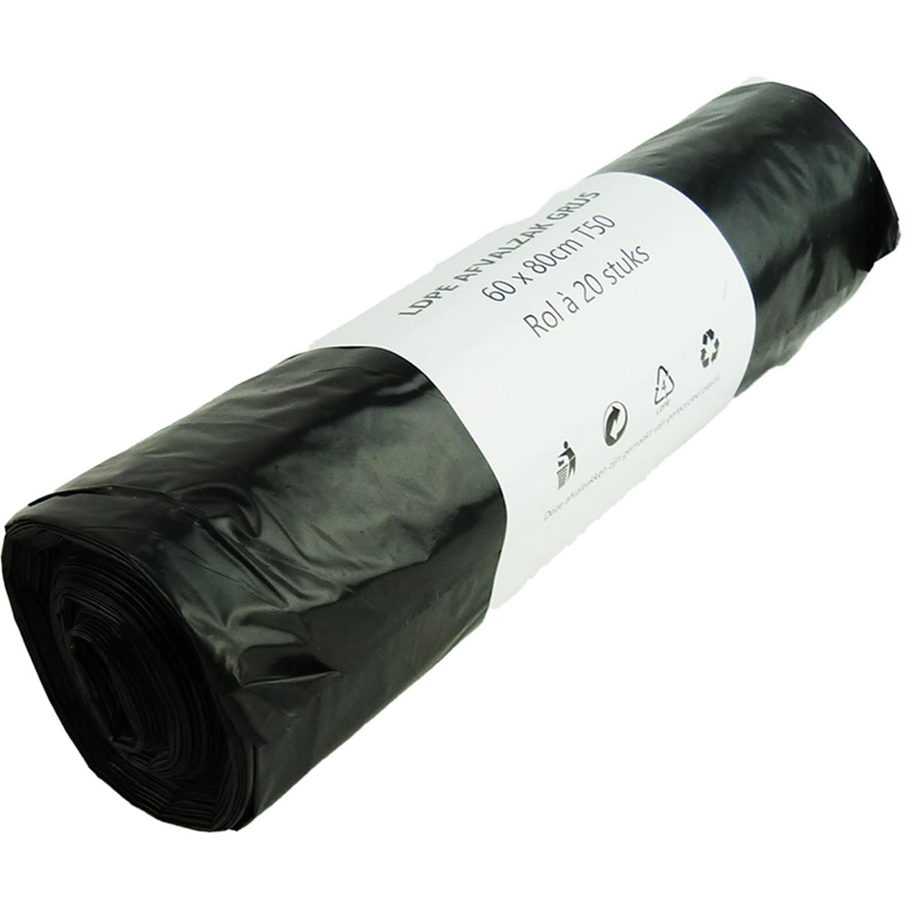 Afvalzak 60l grijs 20 stuks op rol 60x80cm dikte 50mu