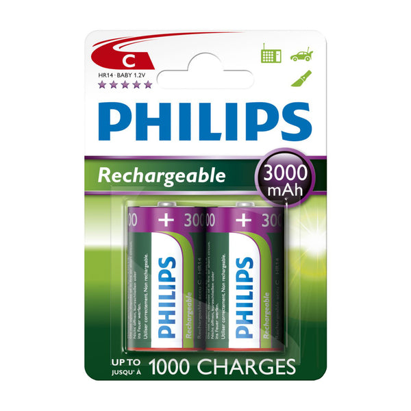Oplaadbare Batterijen Philips Rechargeable NimH C HR14 3000mah, 2st.