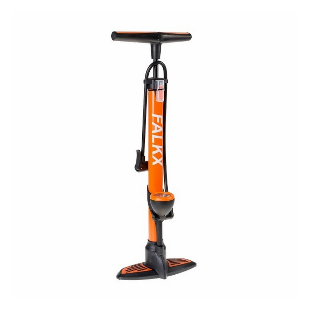 FALKX pomp ORANJE met manometer, aluminium huis. Passeer alle ventielen