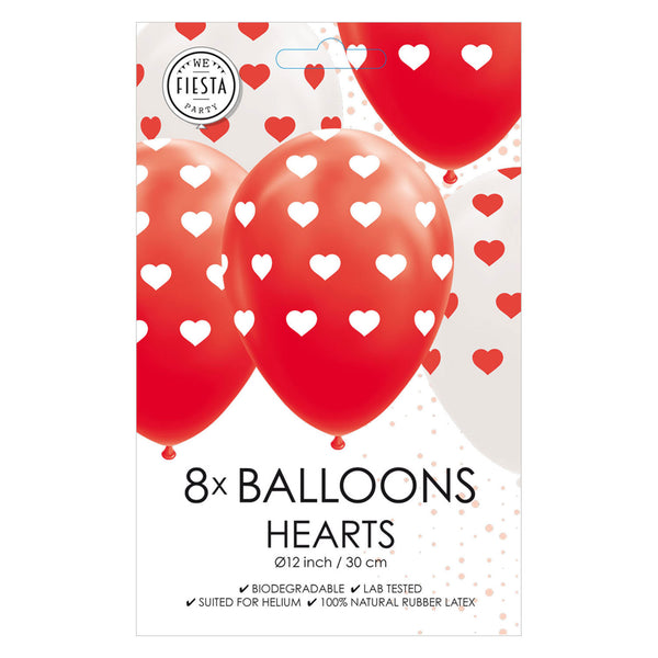 Ballonnen Hartjes Rood Wit 30cm, 8st.
