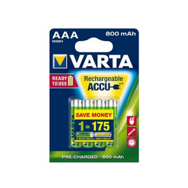 Varta oplaadbare AAA  batterijen NIMH 800mA, Ready2Use, per 4. (hangverpakking)