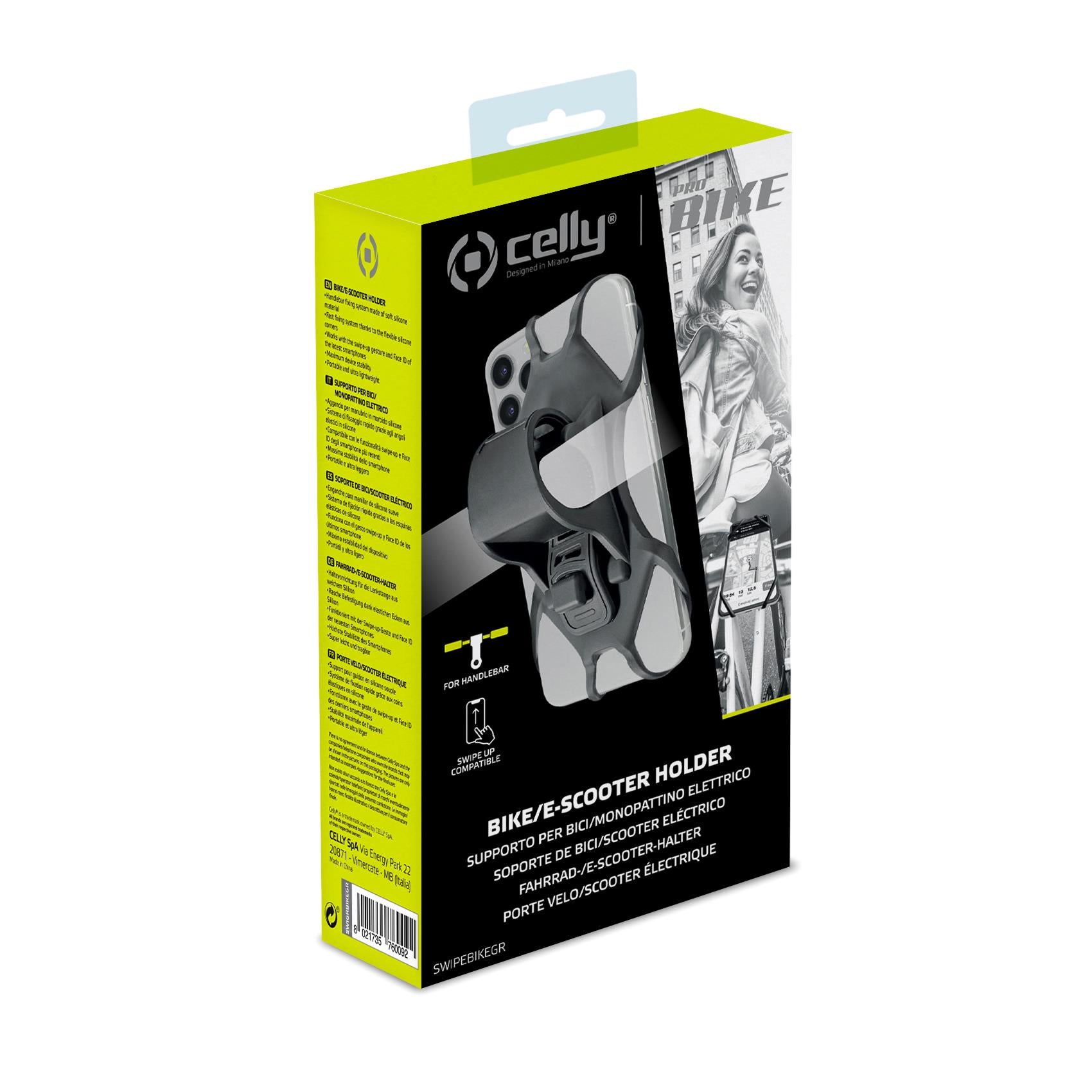 Celly swipebike - telefoonhouder fiets - swipe-up en face-id functies - grijs