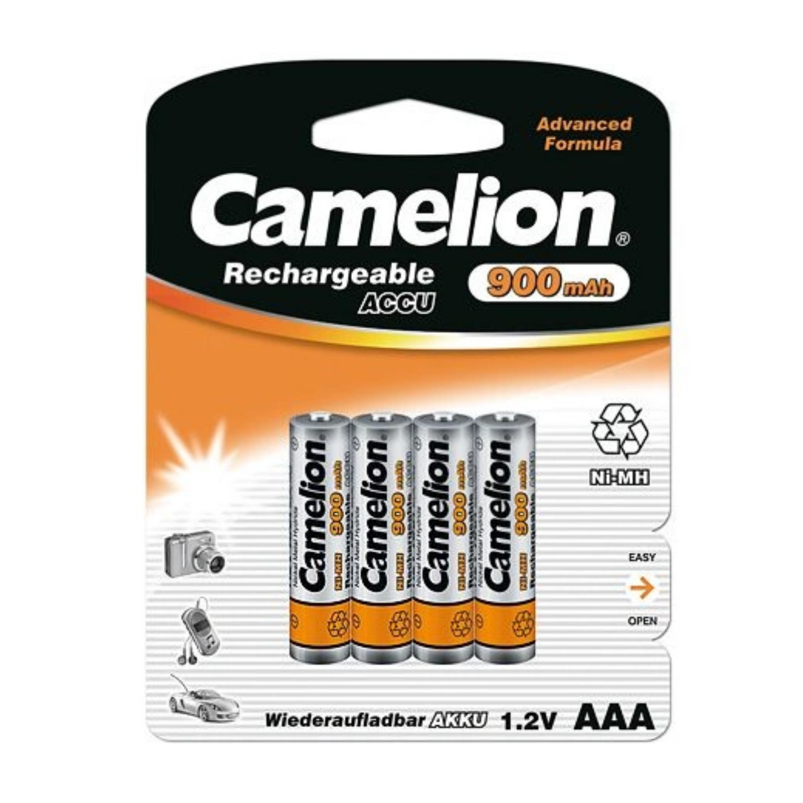 Camelion oplaadbare AAA-batterijen, NimH 900mAh per 4