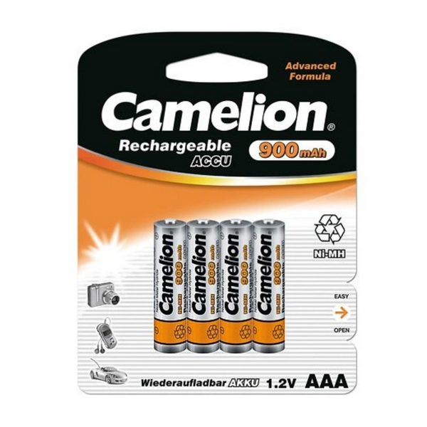 Camelion oplaadbare AAA batterijen, NimH 900maH. 4 stuks (hangverpakking)