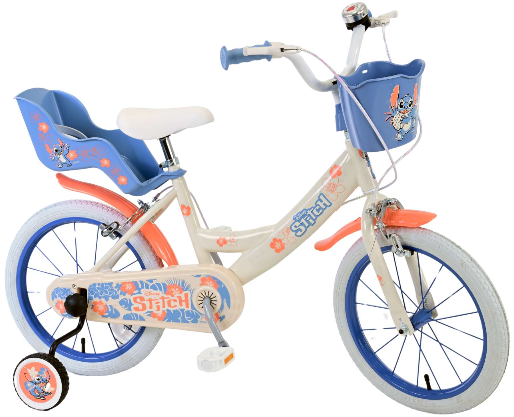 Disney Stitch Kinderfiets - Meisjes - 16 inch - Creme Koraal Blauw - Twee handremmen