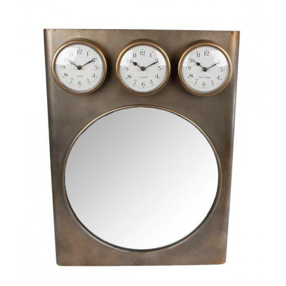 miroir avec horloge Tim 70 x 52 cm acier bronze
