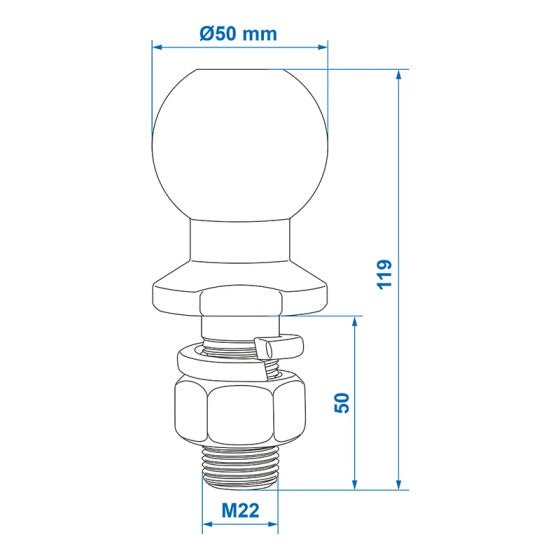 trekhaakkogel 50 mm recht M22 in blister zilver
