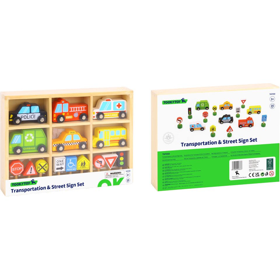 Houten Voertuigen- en Verkeersbordenset 16-delig