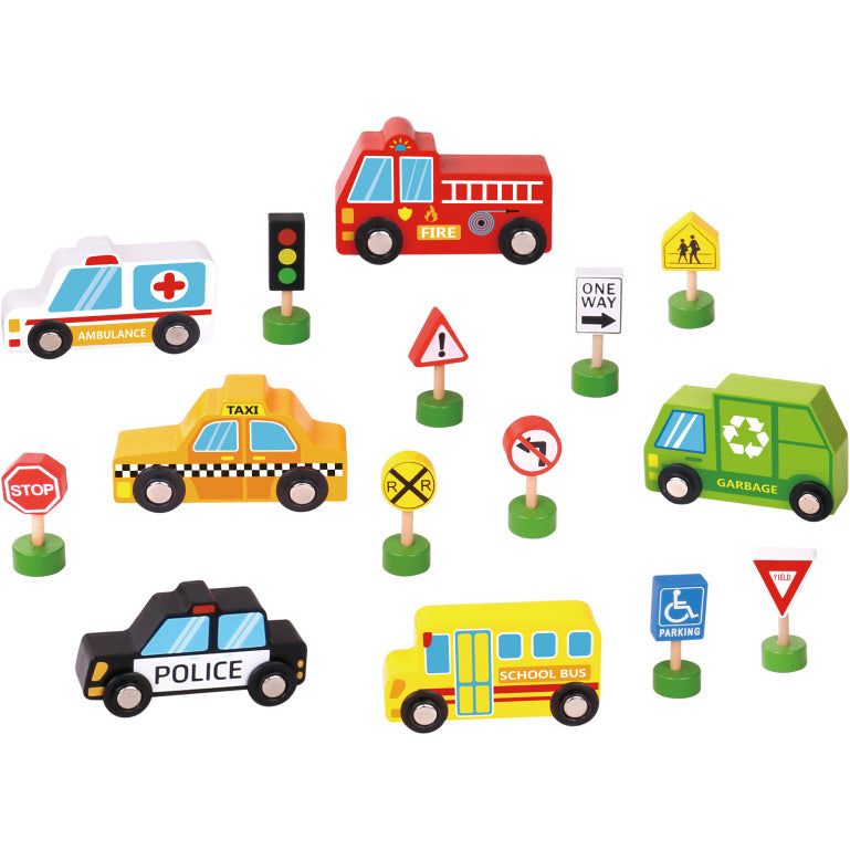 Houten Voertuigen- en Verkeersbordenset 16-delig